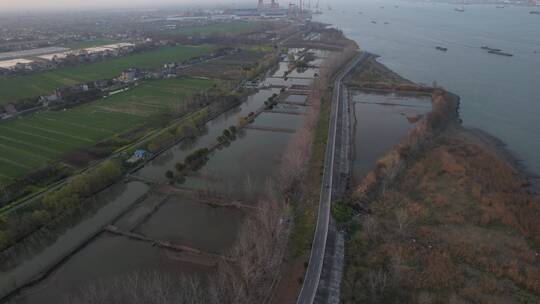 航拍扬中环岛公路长江畔江苏乡村田园江景