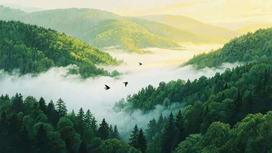 河流穿过云雾森林的空灵日出景致