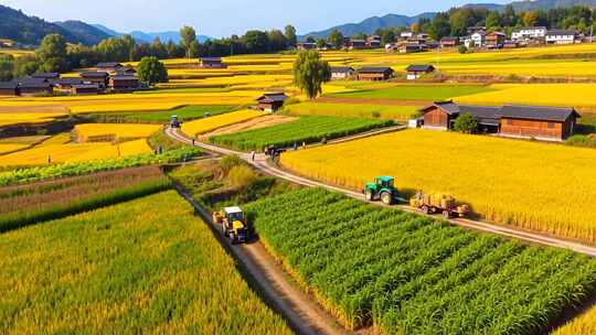 田野稻田丰收景象航拍素材