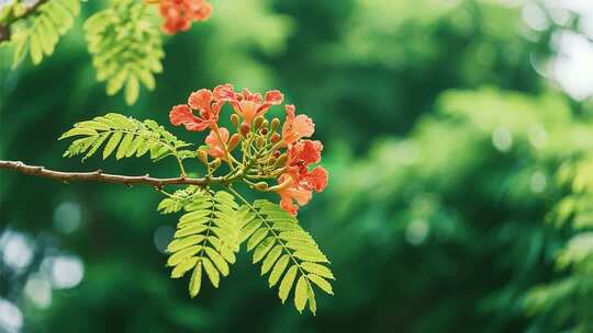 枝头绽放的橙红色花朵