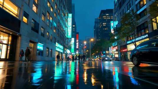 夜晚城市街道湿漉漉路面景象