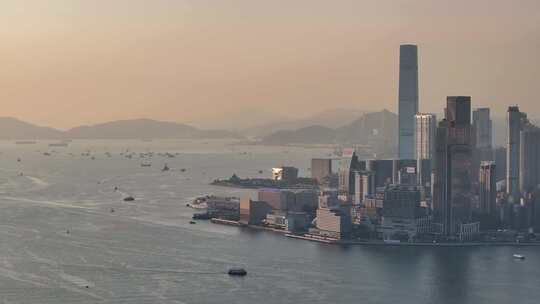 香港维多利亚港清晨航拍视频素材模板下载
