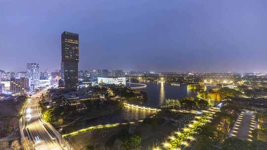 上海嘉定区嘉定新城建筑傍晚夜景车辆延时