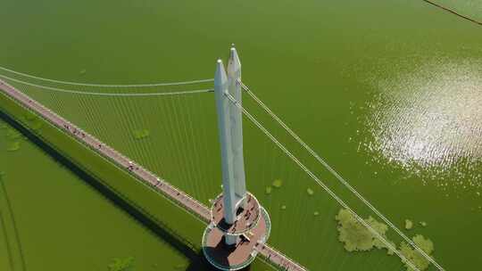 绿色湖上的白色天文台和桥梁