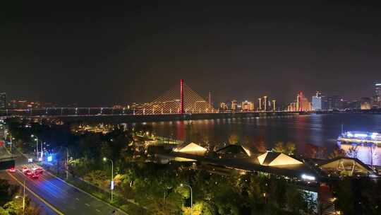 杭州滨江区闻涛路秋石高架路夜晚夜景航拍车