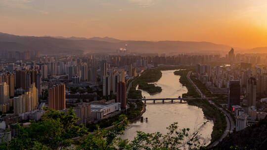 兰州安宁日落延时七里河大桥夕阳视频素材模板下载