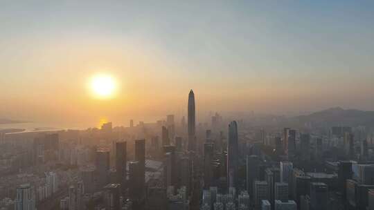 深圳福田区市中心航拍平安大厦夕阳黄昏日落