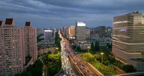 杭州城市交通中河高架环城北路夕阳航拍