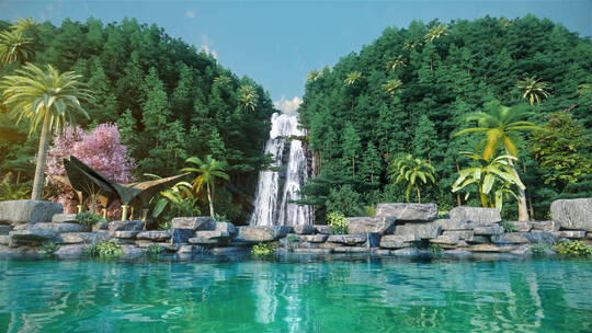 三维唯美雨林度假村泳池瀑布