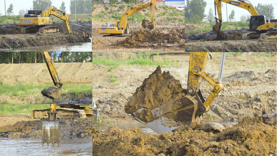挖掘机清理河道淤泥视频素材模板下载