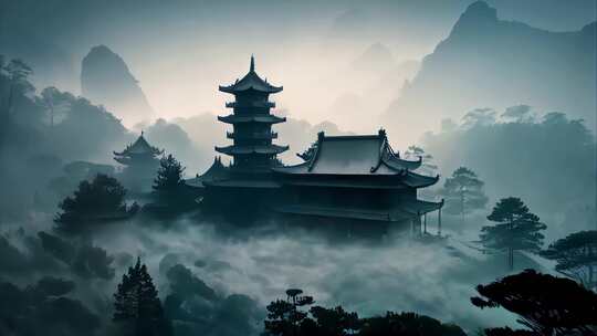 水墨中国风山水-云雾缭绕美景