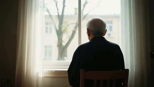 老人窗边独坐远望素材
