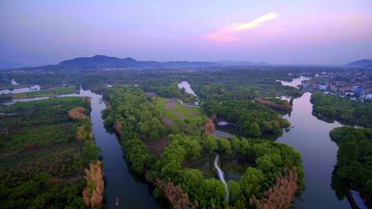 航拍夕阳下诸暨著名景点白塔湖国家湿地公园