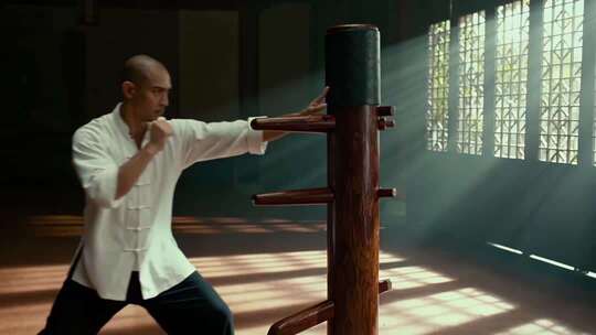 男子练习咏春拳木人桩