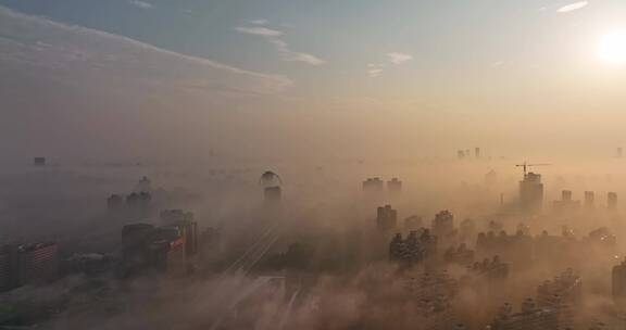 上海锦江乐园日出平流雾航拍
