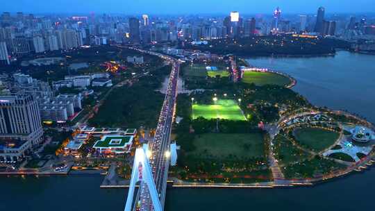 航拍海南海口世纪大桥城市蓝调夜景风景