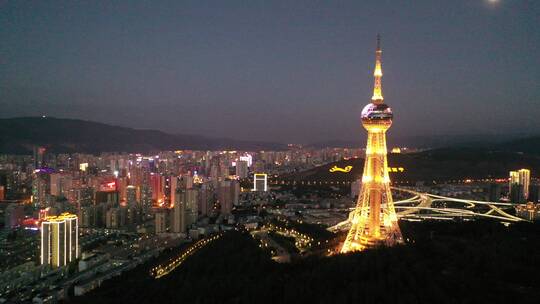 青海西宁浦宁之珠电视塔夜景城市风光