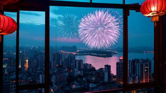 室内透过窗户看城市烟花夜景