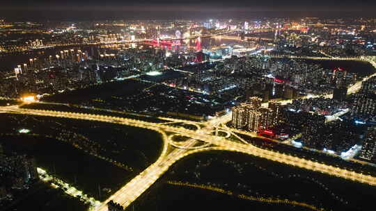 城市交通枢纽立交桥夜景航拍延时