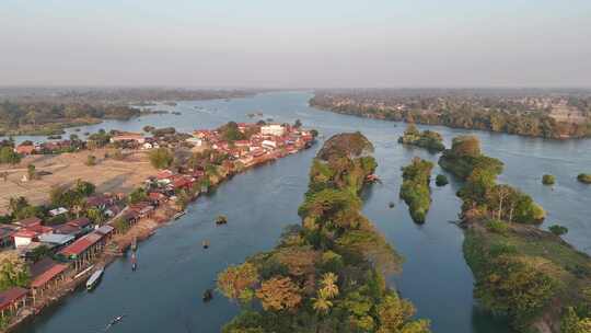 老挝四千美岛湄公河畔风光视频素材模板下载