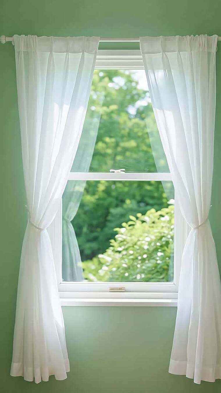室内窗户白色窗帘外绿色风景