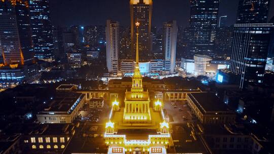 静安区上海展览中心夜景航拍