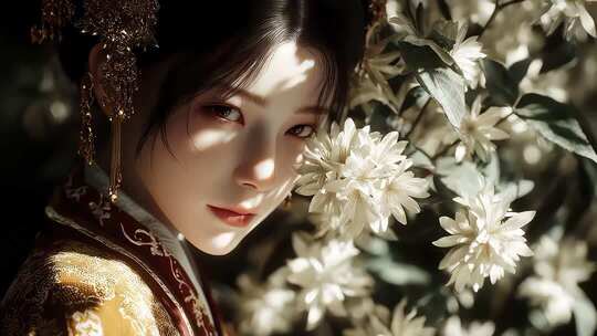 唐朝仕女轻倚花丛间尽显古典之美