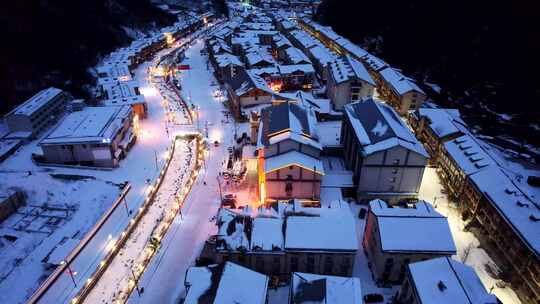 航拍冬天山川村庄房屋道路夜晚雪景