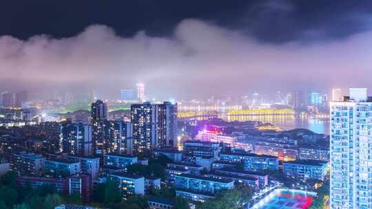 江西省九江市春季阵雨后烟云夜景延时