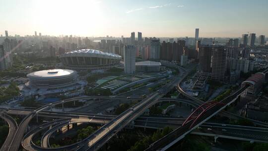 上海体育场清晨航拍视频素材模板下载