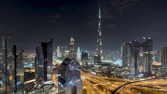 迪拜天际线航拍日转夜金融中心发达国家视频素材模板下载