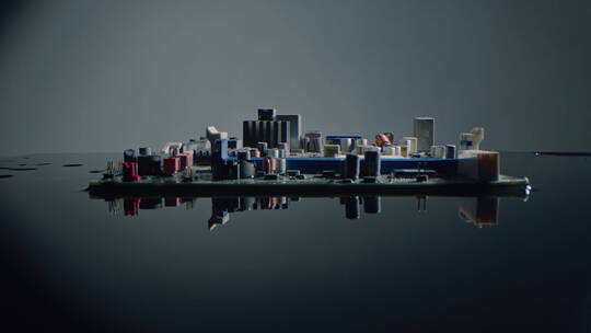 手机主板模型摆拍 电路板城市 水面倒影效果