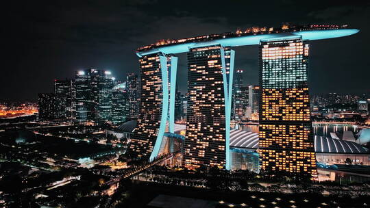 航拍新加坡滨海湾金沙酒店摩天轮地标夜景