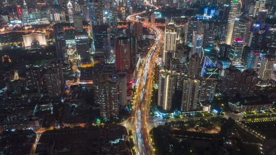 上海交通车流高架路夜景航拍延时