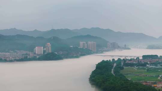 杭州富阳区富春江晨雾风光航拍