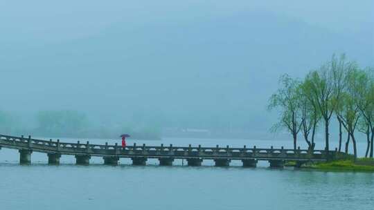 杭州萧山湘湖景区春天春雨