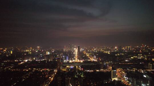 俯瞰长沙城市全景夜景灯光航拍