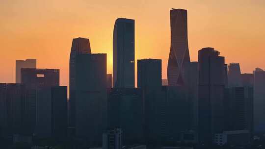 杭州钱江世纪城地标建筑风景夜景黄昏航拍