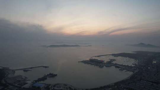 海上日落晚霞夕阳山东长岛日落航拍