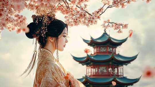 古韵樱花汉服美女春日邂逅樱花飘落古典建筑