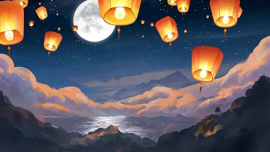 合集-中国传统节日孔明灯中秋节祈福习俗