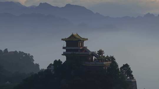 航拍秦岭山南五台寺庙日落夜景灯光