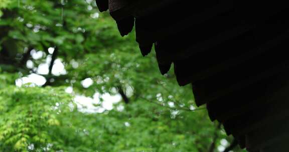 江南春雨庭院屋檐落雨珠