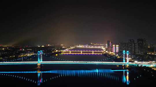 航拍湖北襄阳夜景凤雏大桥夜景