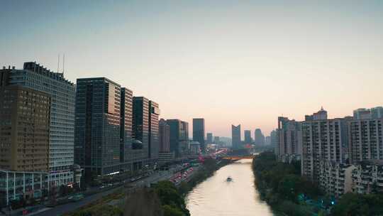 杭州大运河河畔环城北路夕阳航拍