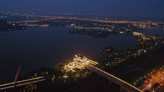 绍兴迪荡湖公园亭台楼阁建筑夜景,航拍公园