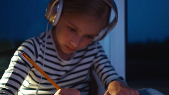 女生在晚上戴着耳机写字
