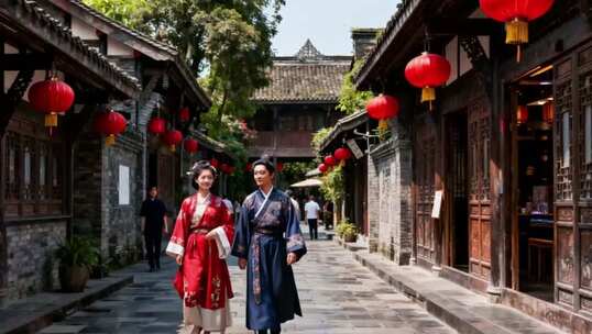 古装男女漫步古镇街道