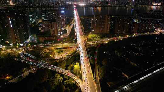 杭州钱塘江复兴立交桥夜晚夜景航拍复兴大桥