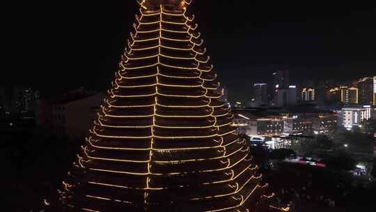 广西柳州三江侗族自治县三江鼓楼夜景航拍4k